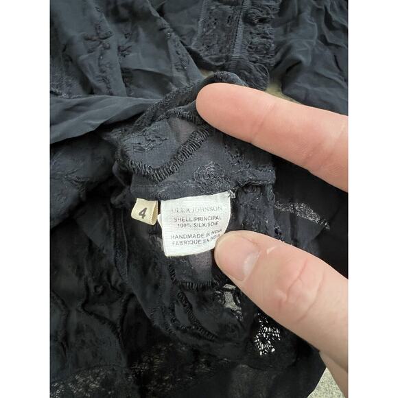 ULLA JOHNSON Silk Floral Embroidered‎ Navy Peasant Top, Tassel Silk Size 4 - Picture 6 of 10